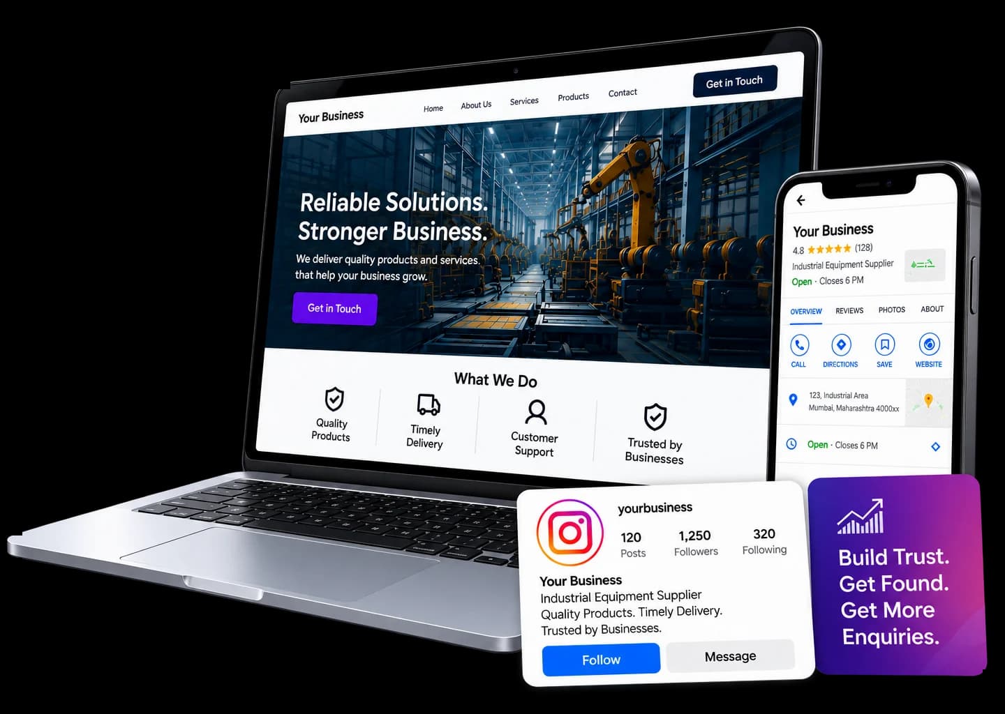 A finished business website on a laptop, with a Google listing and a social profile on a phone beside it