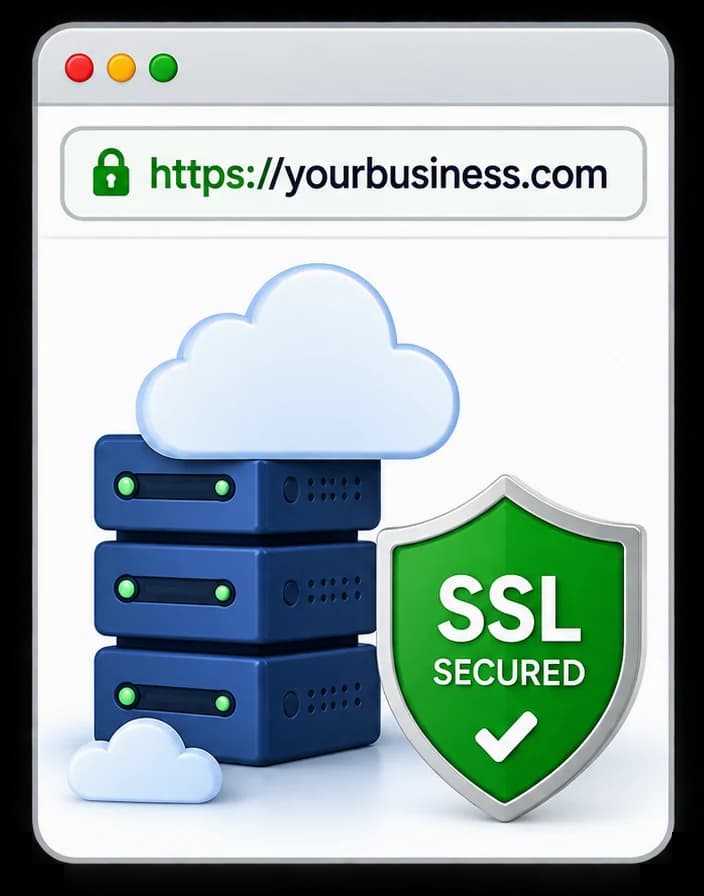 A secured website address above a server and an SSL shield