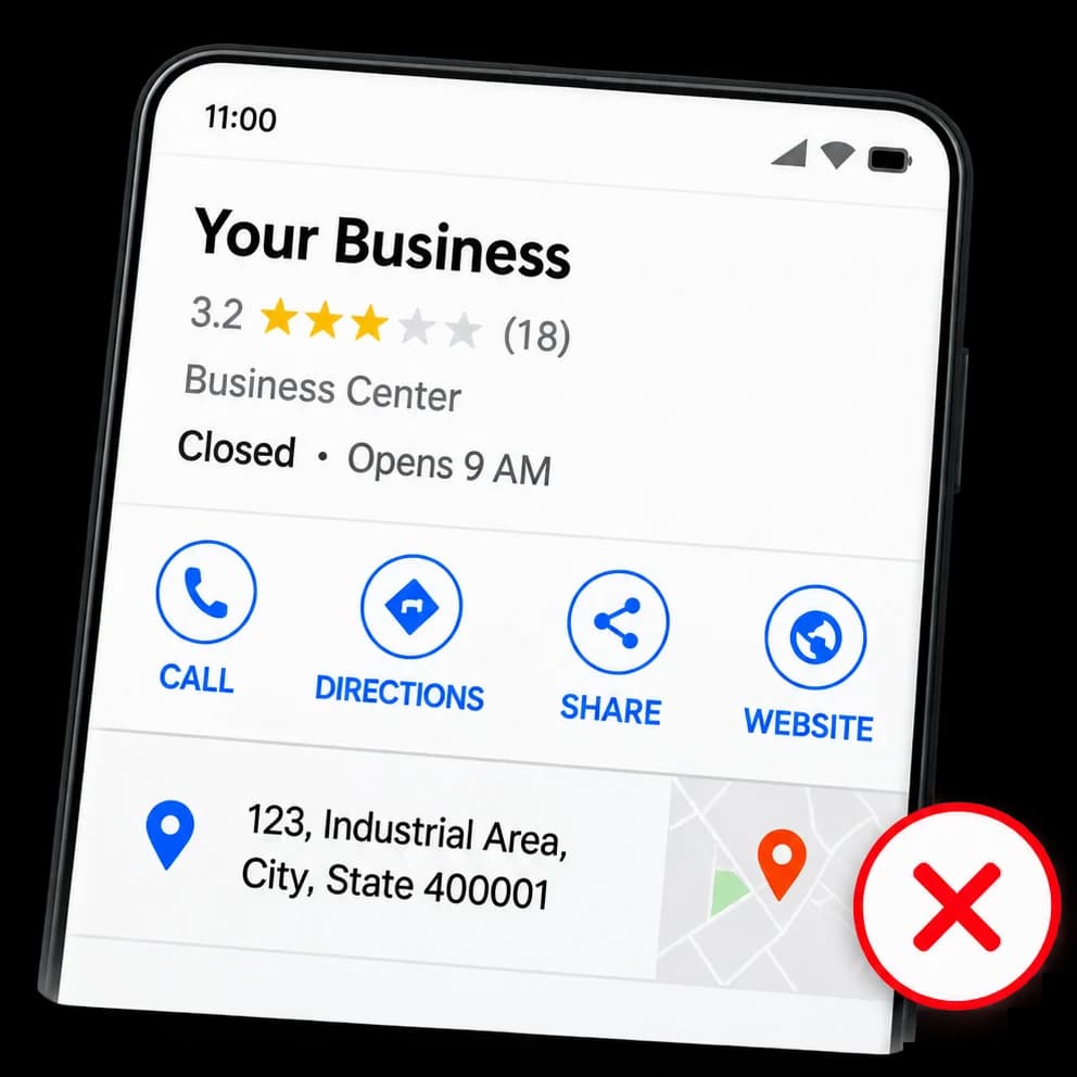 A sparse Google business listing on a phone, marked as a failure