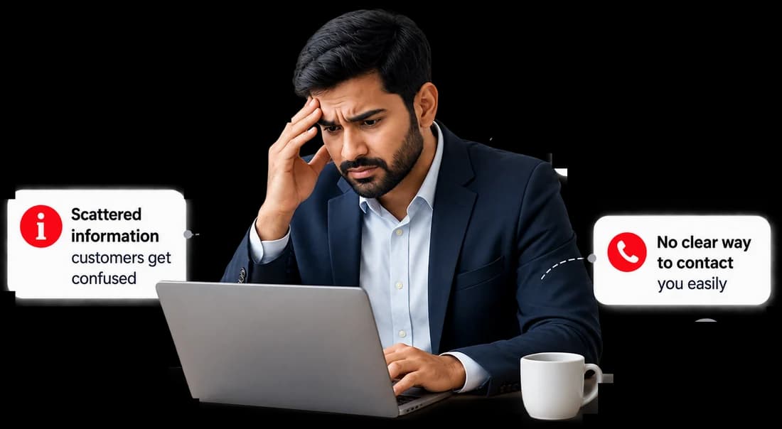 A business owner at a laptop, surrounded by the gaps in his online presence
