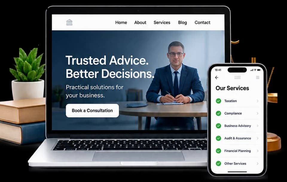 A professional advisory website on a laptop and a phone