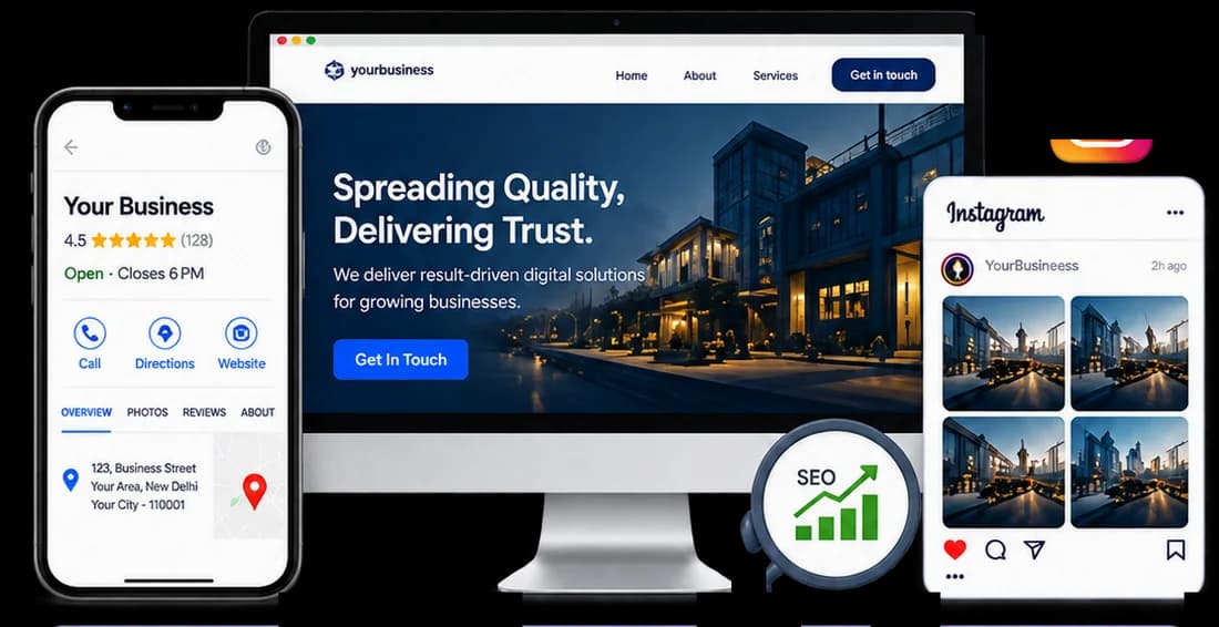 A website, a Google listing and social posts being built together